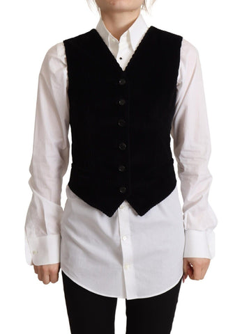 Black V-neck Leopard Corduroy Button Vest Top Dolce & Gabbana