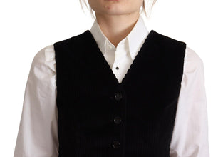Black V-neck Leopard Corduroy Button Vest Top Dolce & Gabbana