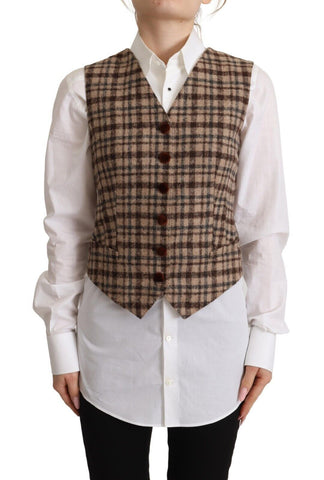 Brown Checkered Leopard V-neck Sleeveless Vest Top Dolce & Gabbana