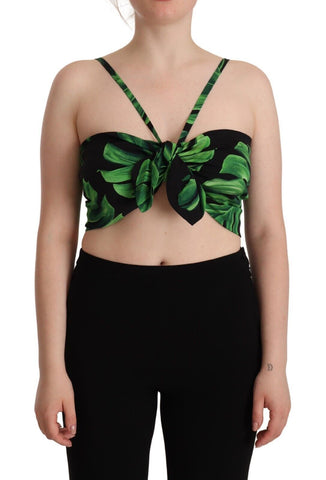 Black Green Leaf Silk Halter Cropped Top Dolce & Gabbana