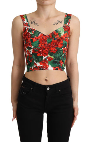Red Geranium Print Viscose Sweetheart Cropped Top Dolce & Gabbana