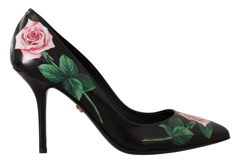 Black Leather Roses High Heels Pumps Shoes Dolce & Gabbana