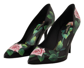 Black Leather Roses High Heels Pumps Shoes Dolce & Gabbana