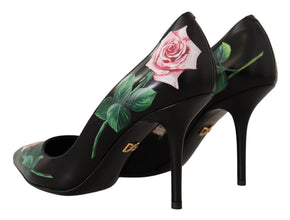 Black Leather Roses High Heels Pumps Shoes Dolce & Gabbana