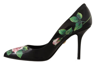 Black Leather Roses High Heels Pumps Shoes Dolce & Gabbana
