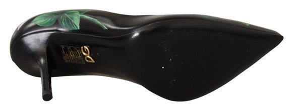 Black Leather Roses High Heels Pumps Shoes Dolce & Gabbana