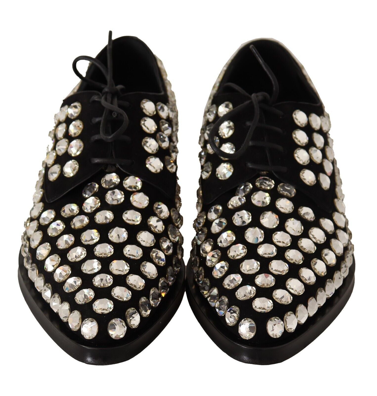 Black Leather Crystals Lace Up Formal Shoes Dolce & Gabbana
