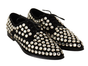 Black Leather Crystals Lace Up Formal Shoes Dolce & Gabbana