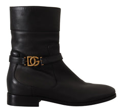 Black Leather Flats Logo Short Boots Shoes Dolce & Gabbana