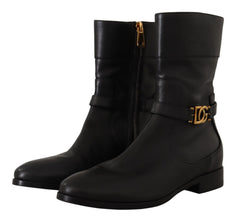 Black Leather Flats Logo Short Boots Shoes Dolce & Gabbana
