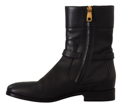 Black Leather Flats Logo Short Boots Shoes Dolce & Gabbana