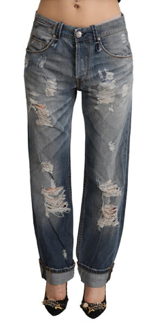 Blue Tattered Mid Waist Straight Denim Cotton Jeans Acht