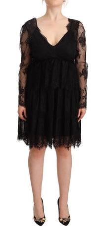 Black Floral Lace Cotton Long Sleeves V-neck Shift Dress Aniye By