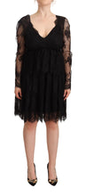 Black Floral Lace Cotton Long Sleeves V-neck Shift Dress Aniye By
