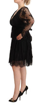 Black Floral Lace Cotton Long Sleeves V-neck Shift Dress Aniye By