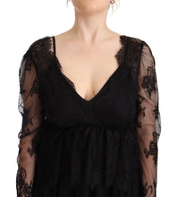 Black Floral Lace Cotton Long Sleeves V-neck Shift Dress Aniye By