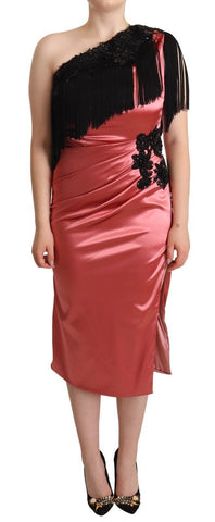 Pink One-Shoulder Silk Tassel Fringe Gown Mid Dress Dolce & Gabbana