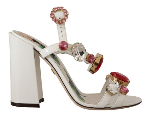 White Leather Crystal Keira Heels Sandals Shoes Dolce & Gabbana