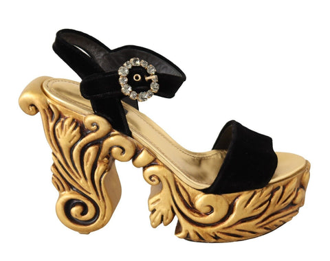 Black Gold Baroque Velvet Heels Crystal Shoes Dolce & Gabbana