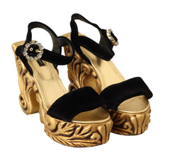 Black Gold Baroque Velvet Heels Crystal Shoes Dolce & Gabbana