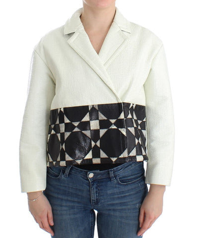 White Black Cropped Leather Jacket Andrea Pompilio