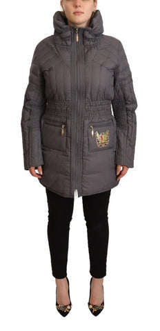 Gray Quilted Long Sleeves Logo Patch Full Zip Jacket Roccobarocco