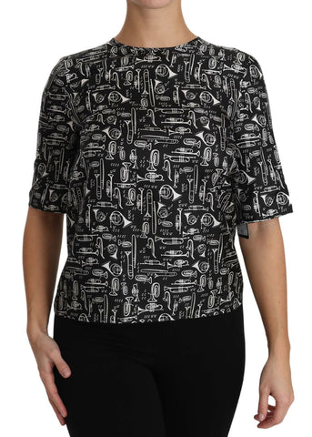 Black Musical Instruments Print Silk Blouse Dolce & Gabbana
