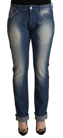 Blue Washed Mid Waist Folded Hem Skinny Jeans Acht