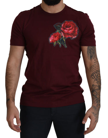 Bordeaux Roses Cotton Crewneck T-shirt Dolce & Gabbana