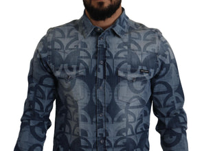 Blue Denim Stretch DG Logo Casual Mens Slim Shirt Dolce & Gabbana