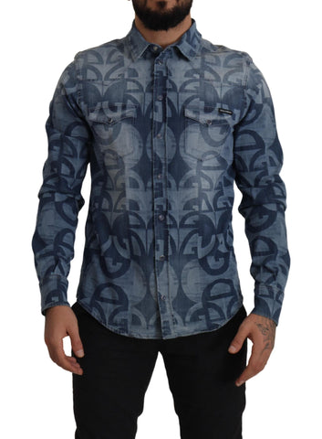Blue Denim Stretch DG Logo Casual Mens Slim Shirt Dolce & Gabbana