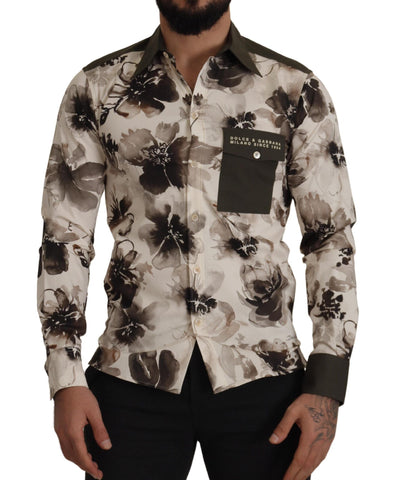 Green Beige Floral Cotton Stretch Exclusive Shirt Dolce & Gabbana