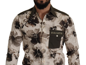 Green Beige Floral Cotton Stretch Exclusive Shirt Dolce & Gabbana