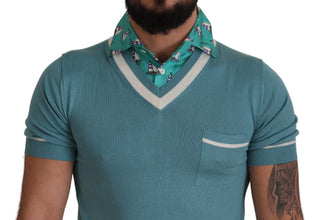 Blue Silk Polo Top Mens V-neck  T-shirt Dolce & Gabbana