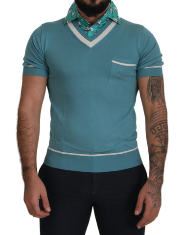 Blue Silk Polo Top Mens V-neck  T-shirt Dolce & Gabbana
