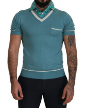 Blue Silk Polo Top Mens V-neck  T-shirt Dolce & Gabbana