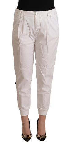 White Cotton Mid Waist Tapered Cropped Pants Met