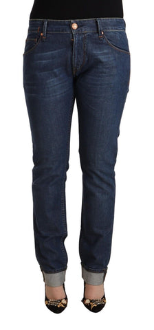 Dark Blue Cotton Slim Fit Folded Hem Denim Jeans Acht