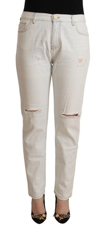 White Cotton Distressed Mid Waist Skinny Denim Jeans PINKO
