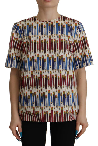 White Pencil Print Cotton T-shirt Blouse Dolce & Gabbana