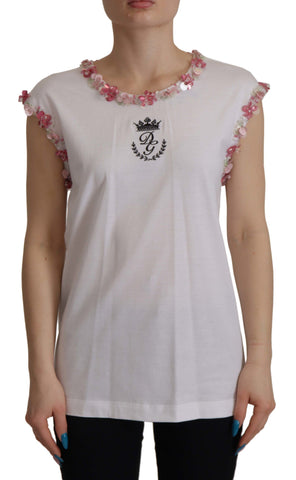 White DG Crown Floral Sequin T-shirt Dolce & Gabbana
