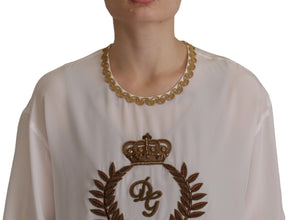 White Silk Gold DG Crown Crystal Blouse Top Dolce & Gabbana
