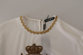White Silk Gold DG Crown Crystal Blouse Top Dolce & Gabbana