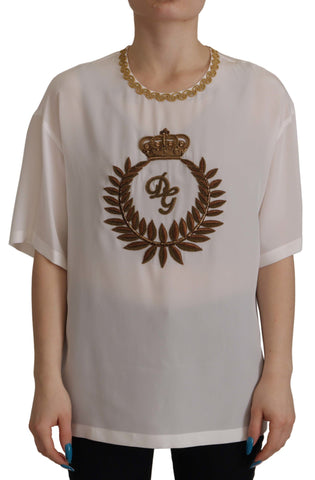 White Silk Gold DG Crown Crystal Blouse Top Dolce & Gabbana