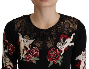 Black Lace Angel Roses Cardigan Sweater Dolce & Gabbana