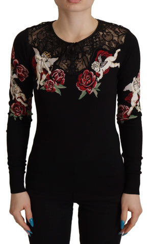 Black Lace Angel Roses Cardigan Sweater Dolce & Gabbana