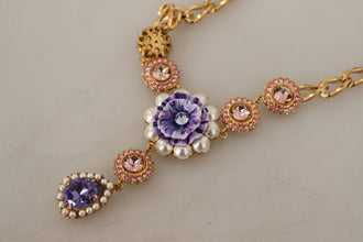 Gold Brass Crystal Purple Pink Pearl Pendants Necklace Dolce & Gabbana
