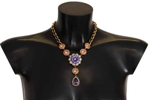 Gold Brass Crystal Purple Pink Pearl Pendants Necklace Dolce & Gabbana