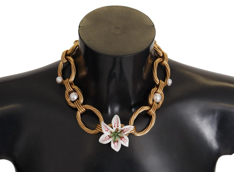 Gold White Lily Floral Chain Statement Necklace Dolce & Gabbana