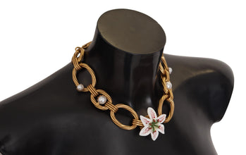 Gold White Lily Floral Chain Statement Necklace Dolce & Gabbana